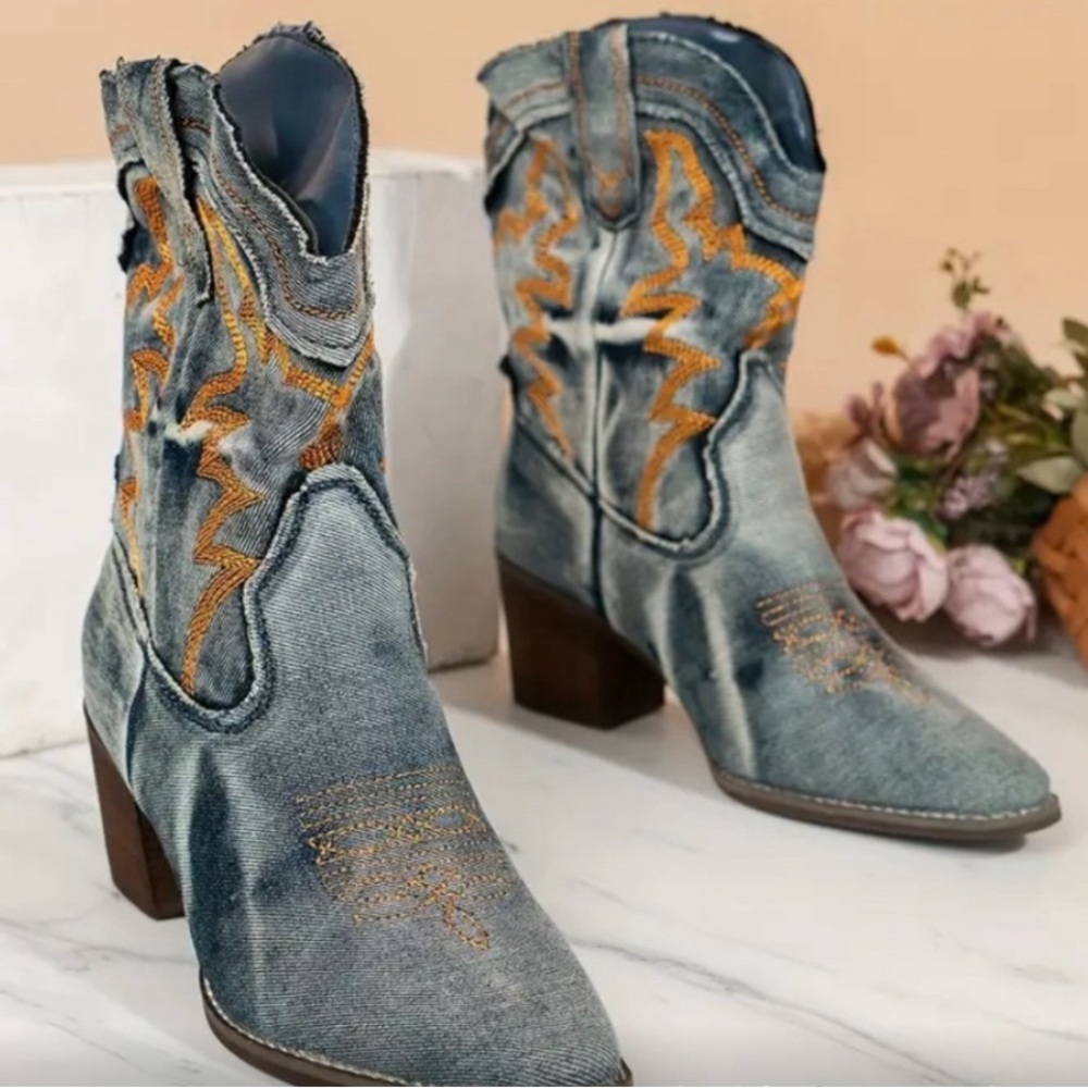 Denim Western Boots with Orange Stitching